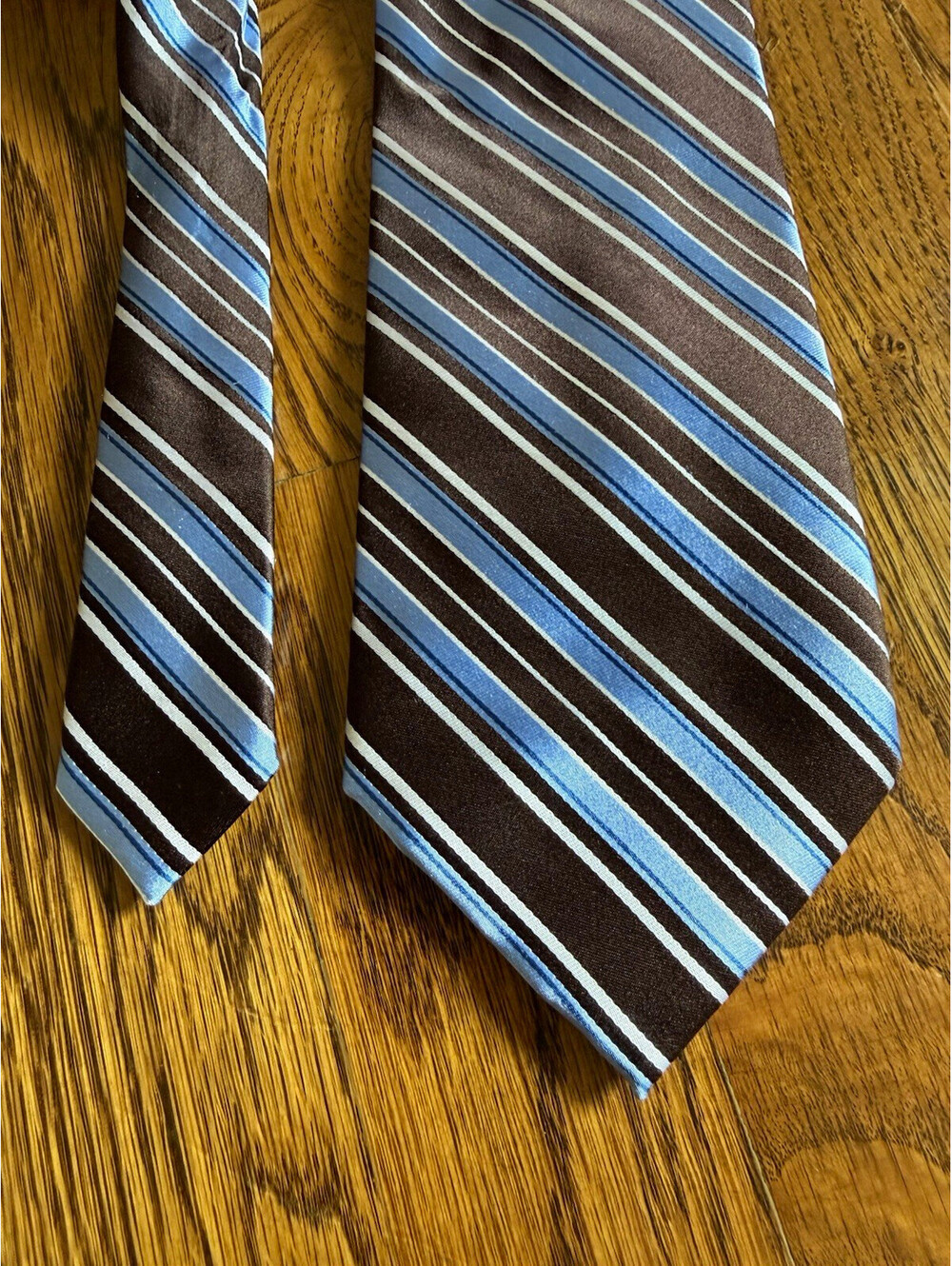 Saks Fifth Avenue 100% Silk Woven Brown Blue White Striped Men’s Tie